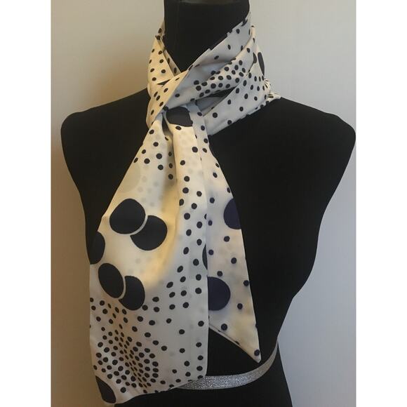 Long White and Blue Polka Dot Twirly Vintage Scarf - Picture 2 of 5